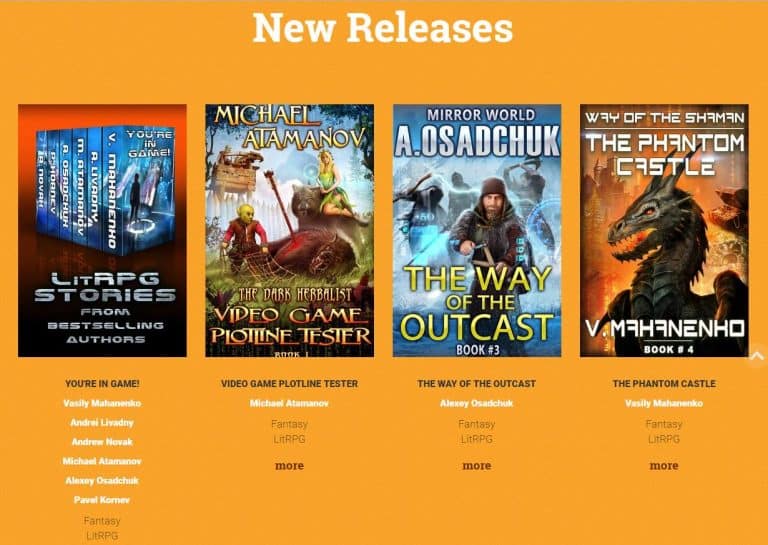 Book covers for New Releases in the LitRPG genre. Titles: From Bestselling Authors, Video Game Plotline Tester, The Way of the Outcast, The Phantom Castle. Authors: Vasily Mahanenko, Michael Atamanov, Alexey Osadchuk. Orange background.