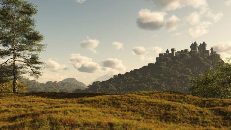 A scenic landscape with rolling hills covered in grass and a lone tree evokes the essence of a ttrpg setting. In the distance, under a sky dotted with fluffy clouds, a fortress-like castle awaits adventurers atop a wooded hill.