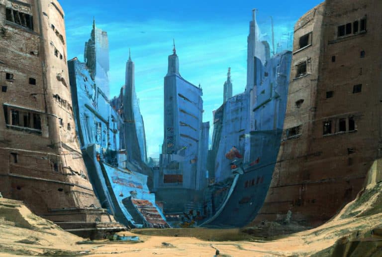 A futuristic cityscape unfolds, reminiscent of a fantasy realm, with towering, weathered buildings under a bright blue sky. The massive, curved structures create a canyon-like atmosphere, as if sculpted by ancient beings from Pathfinder RPG lore, casting deep shadows on the sandy ground below.