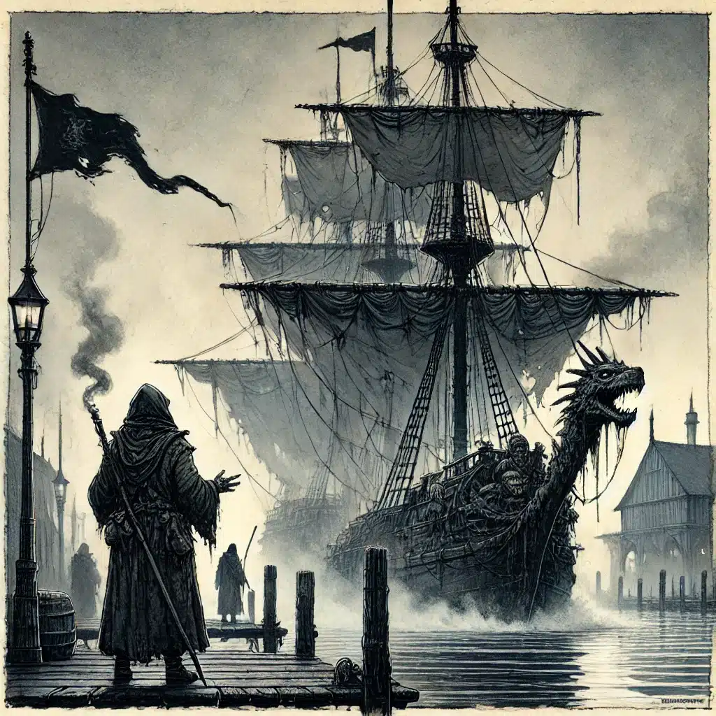 A mysterious figure in a cloak stands on a foggy dock, holding a lantern. In the background, a large, ominous ship with tattered sails and a dragon-shaped bow approaches—a scene that will instantly hook your players with endless DND plot ideas among the dimly lit buildings and calm waters.