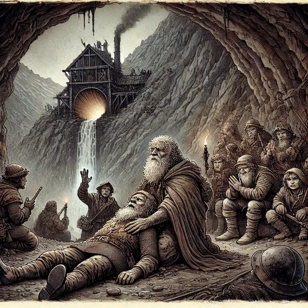 A group of dwarves gather in a cave, some holding torches. An older dwarf cradles a fallen comrade. Nearby, a wooden structure with a waterfall emits smoke from a chimney, nestled in rugged mountains—truly the kind of scene that would hook your players and spark endless DND plot ideas.