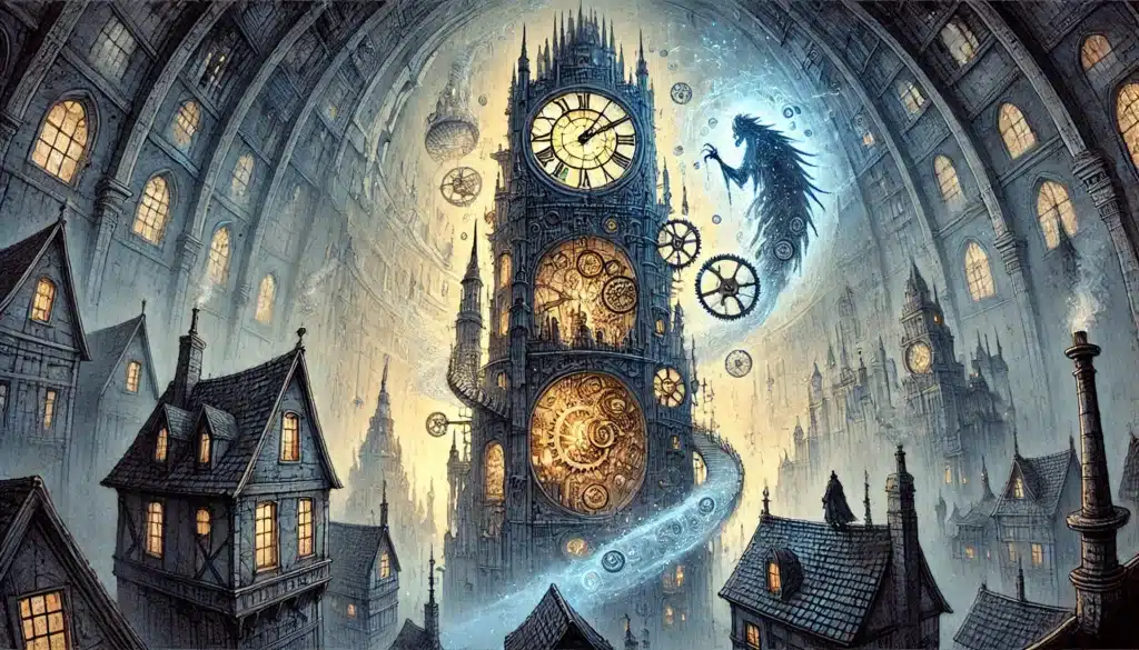 A fantastical city with a towering, ornate clock tower at its center beckons DND plot ideas, as gears and winding paths spiral towards a crescent moon and stars. Gothic-style rooftops and glowing windows create an enchanting atmosphere that will have you ready to BEG for more adventure.