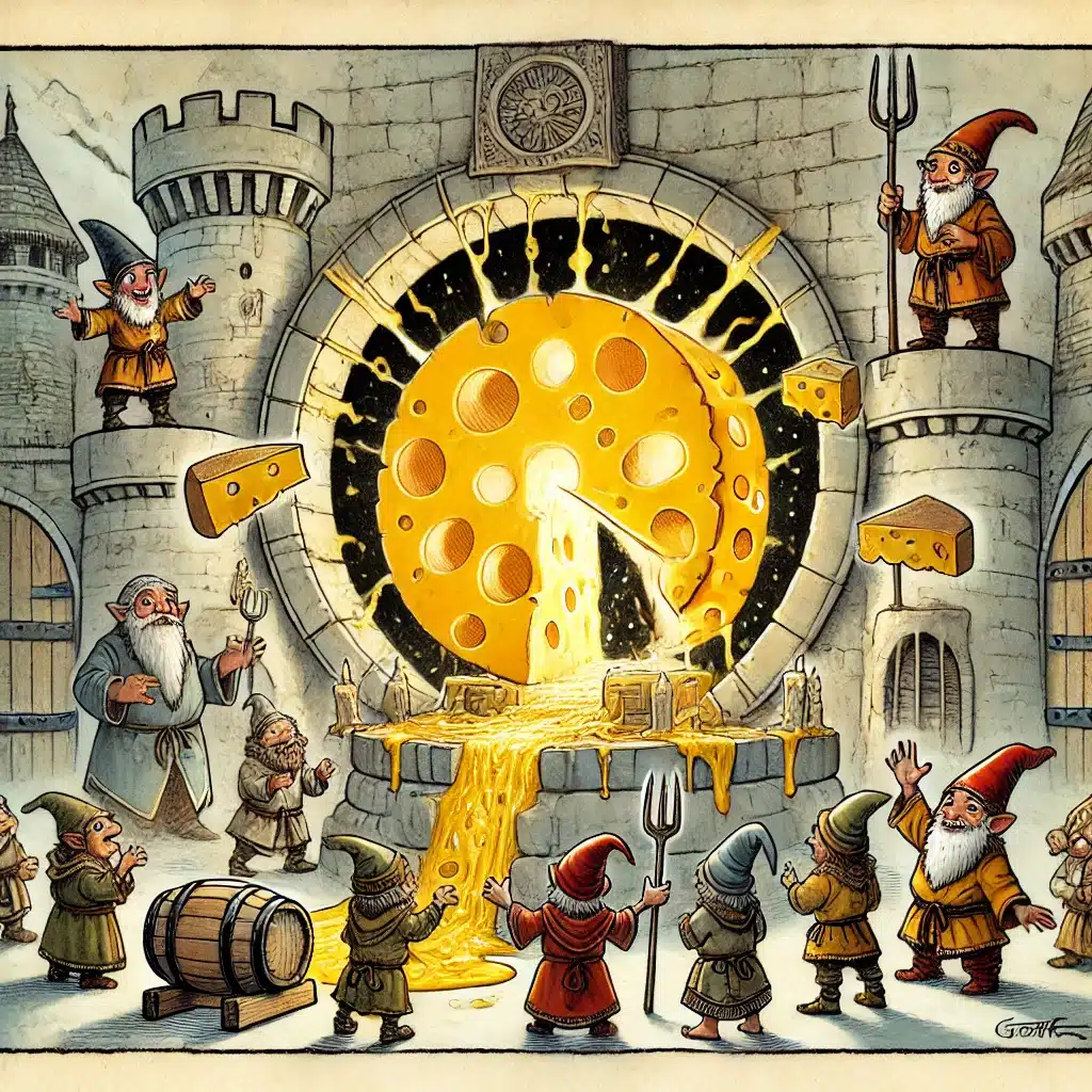 A whimsical scene unfolds as gnomes gleefully watch cheese flow from a massive wheel embedded in a castle wall, evoking DND plot ideas. Some gnomes hold pitchforks, while others cheer and BEG for more delightful dairy. Barrels and small cheese blocks are scattered about.