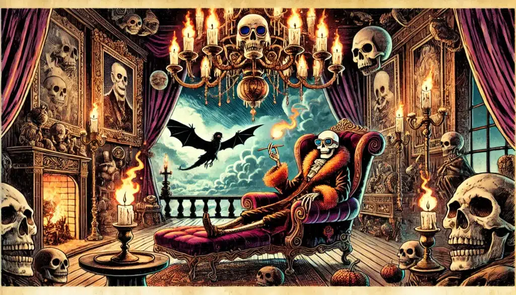 Art depicting a skeleton lounging on a chaise with a cigar in a lavish room could spark engaging DND plot ideas. A chandelier of skulls hangs above while portraits and skulls adorn the walls. A lit fireplace, candles, and a bat outside complete the eerie scene, sure to hook your players for more.