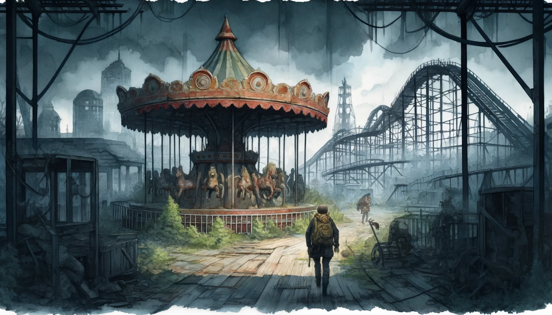 The scene depicts adventurers exploring an eerie, abandoned theme park with dilapidated rides and overgrown pathways. One character examines an old, rusted carousel, with dark, foreboding clouds and the faint outline of a once-grand roller coaster in the background.