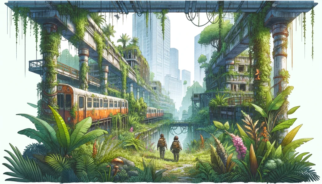 The scene features adventurers discovering a hidden urban jungle within the city. The lush, overgrown greenery intertwines with abandoned buildings and rusting structures, creating a unique and mysterious environment. The city's skyline is faintly visible in the background.