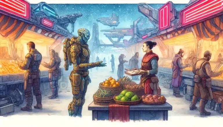 This vibrant scene depicts two spacefarers in a bustling galactic outpost marketplace, with one character negotiating with an alien merchant. The background features neon signs and various stalls, creating a lively yet organized atmosphere.