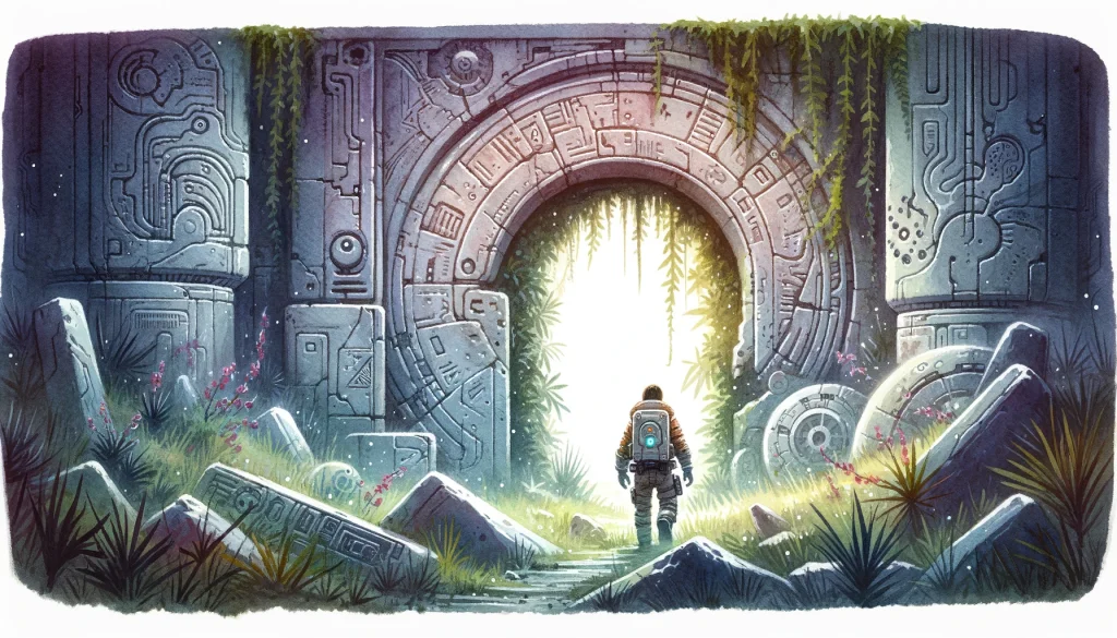     This serene illustration shows a lone spacefarer cautiously entering an ancient alien ruin. The entrance is overgrown with strange flora, and faintly glowing alien glyphs and symbols adorn the walls, adding to the mystery and allure of the scene.