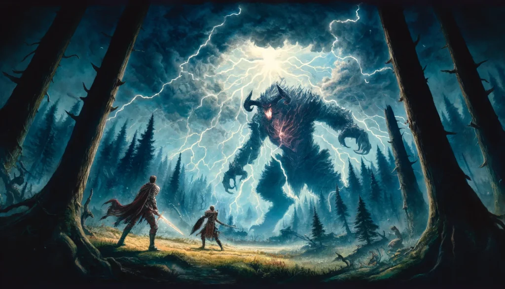 This dynamic watercolor illustration depicts two adventurers facing a massive, lightning-infused beast in the heart of the forest. The scene is intense, with dark storm clouds overhead and bolts of lightning illuminating the forest. The adventurers are poised for battle, one wielding a sword and the other casting a spell. The beast, towering and fearsome, roars as it prepares to strike. The background is filled with the chaos of the storm, highlighting the epic nature of the encounter.