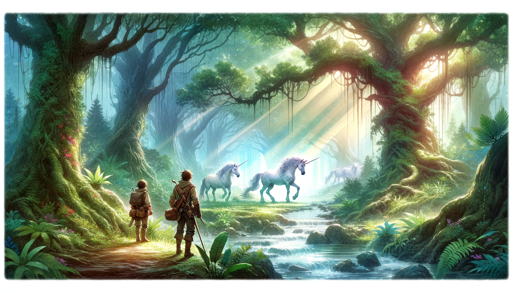 In this wide watercolor scene, two adventurers cautiously approach a serene glade where unicorns gather. The scene features lush greenery, ancient trees, and a gentle stream. The unicorns are majestic, with one particularly striking unicorn at the center, its horn glowing faintly. Sunlight filters through the canopy, casting an ethereal glow over the scene, emphasizing the magical nature of the glade.