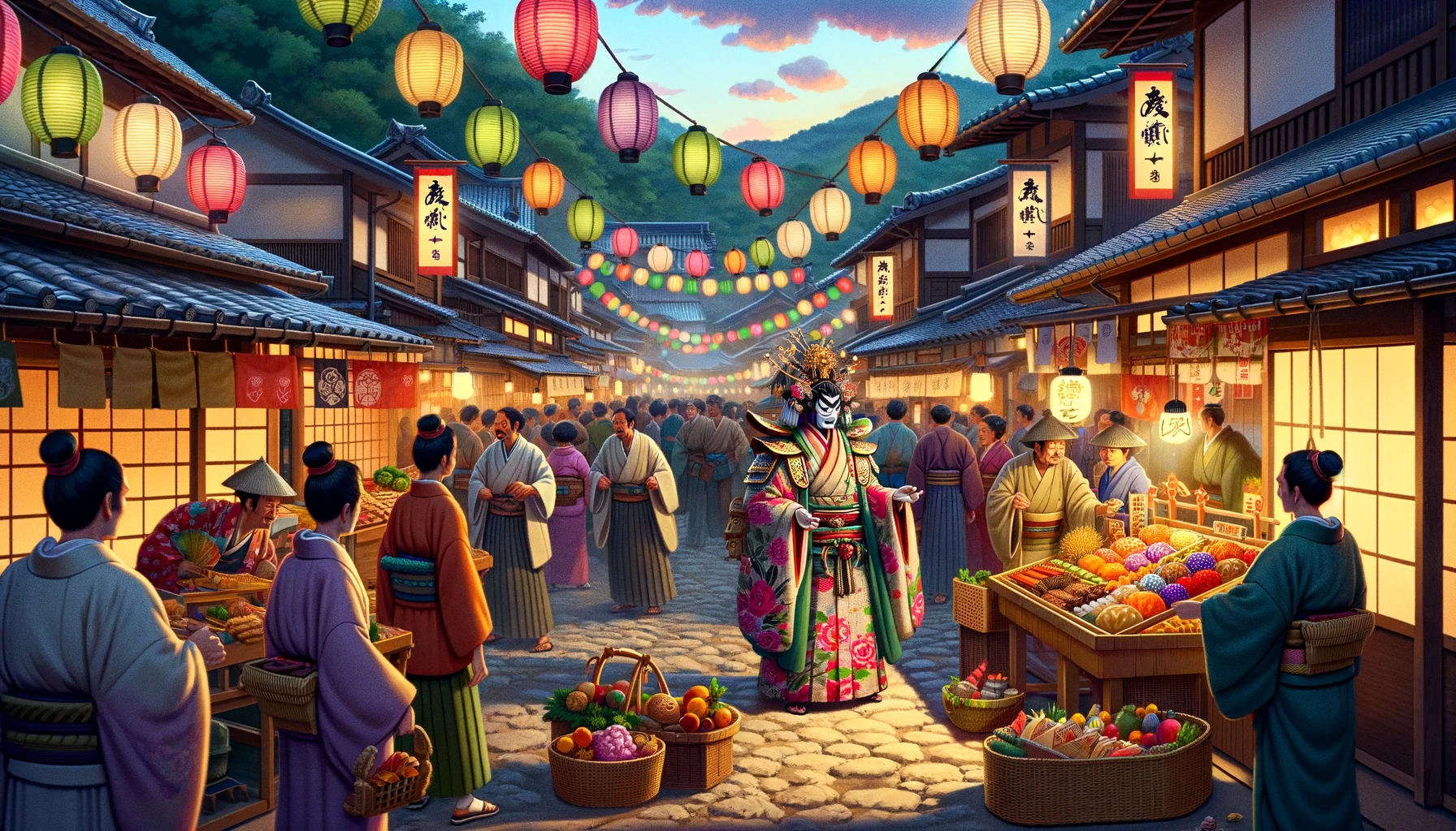 "A vibrant village festival in Feudal Japan. Villagers are dancing, and food stalls line the streets. A kabuki actor, dressed in elaborate costume, stands at the center, seeking help to recover a stolen mask. Colorful lanterns hang above, creating a festive atmosphere."