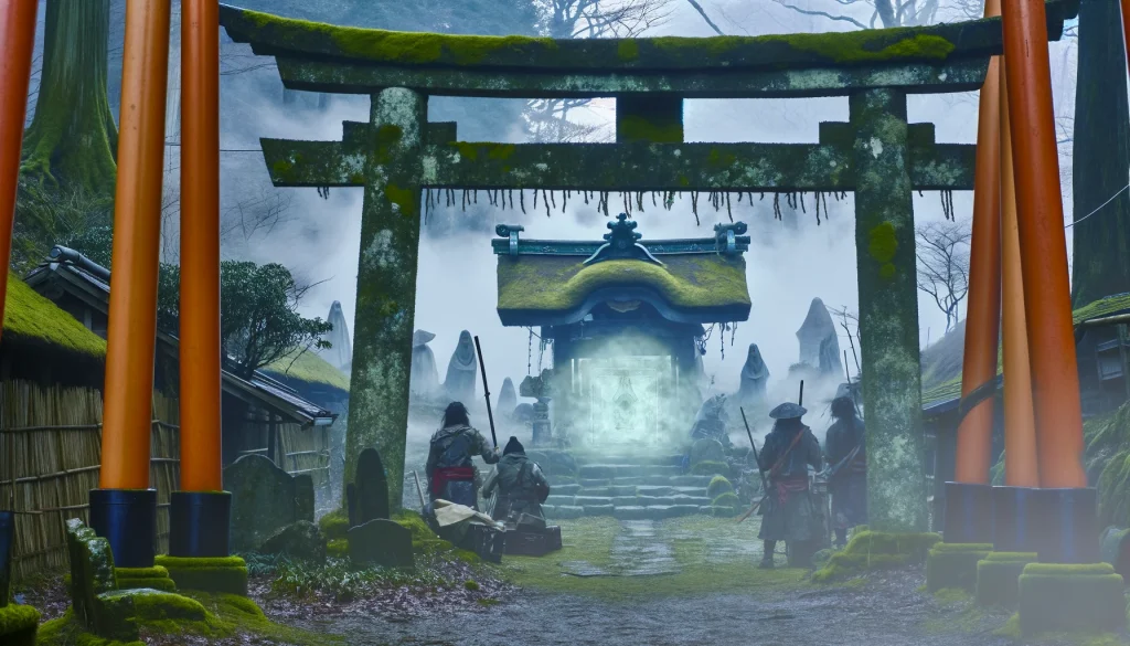     An ancient, haunted shrine in a village, shrouded in mist with eerie, spectral figures faintly visible around it. The shrine's torii gate is partially covered in moss, and a group of adventurers stands before it, preparing to perform a purification ritual, creating a sense of mystery and tension.