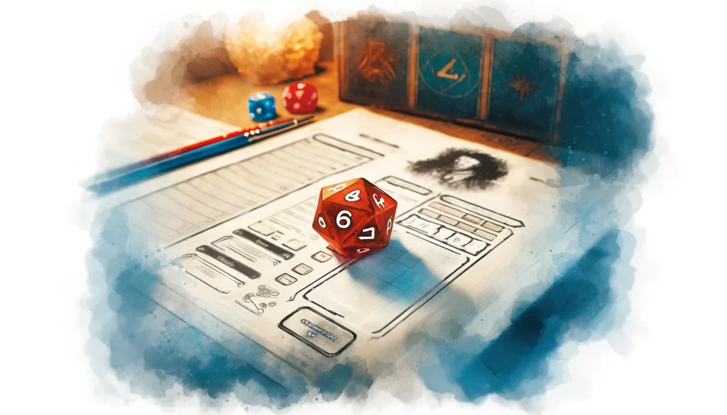 Digital dice roll and Dungeons and Dragons character sheet on a virtual tabletop in watercolor style.