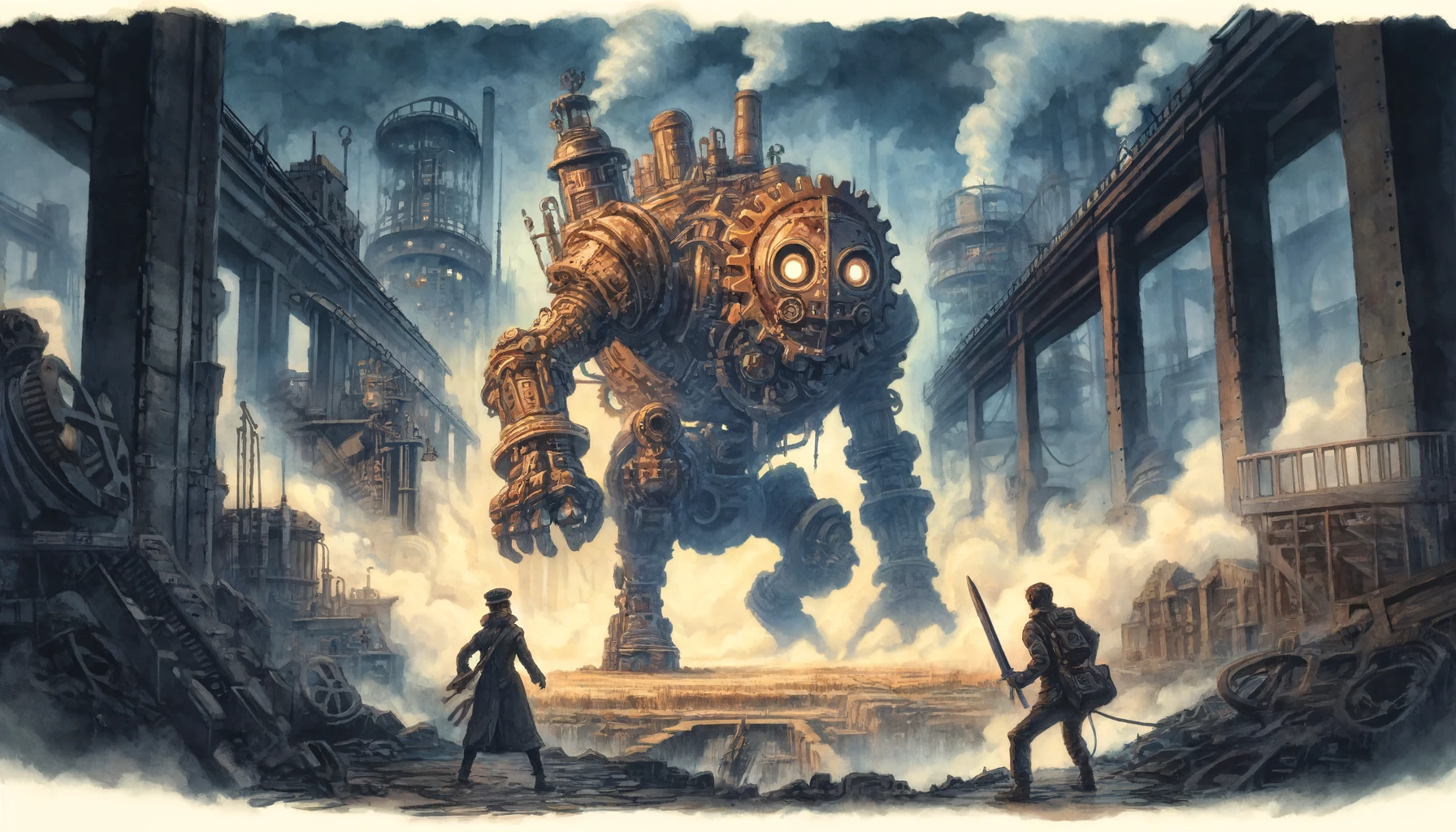 Two adventurers cautiously approach a massive, rusted clockwork beast. The beast's gears and cogs are visible, and it stands amidst the ruins of an ancient factory. Steam rises from vents in the ground, and the sky is filled with dark, smoky clouds. The adventurers, one wielding a sword and the other holding a gadget, are ready for battle. The scene is both eerie and dramatic.
