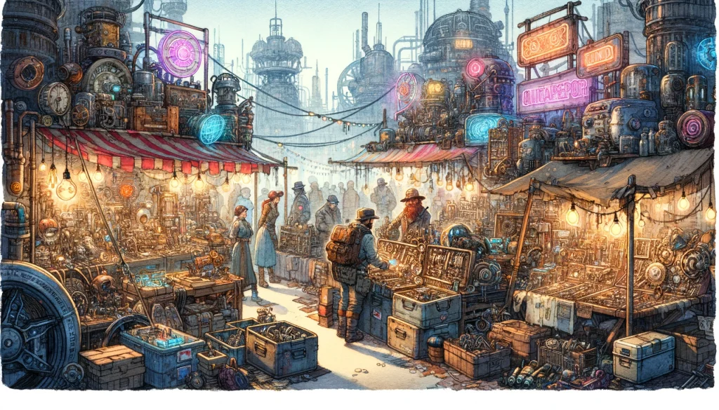 A bustling scrap market in the Industrial Wasteland. Various stalls are set up with merchants displaying salvaged mechanical parts and steampunk gadgets. Neon signs flicker in the background, and the air is filled with the sound of haggling. Two adventurers are seen negotiating with a scrapper for a valuable gear. The market is lively but chaotic, with a mix of colorful characters and intricate machinery.