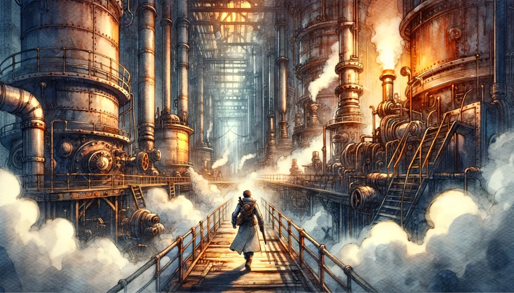 A lone adventurer in the Industrial Wasteland's Boiler District. The adventurer is navigating through a maze of colossal boilers and steam engines, with thick steam rising and creating an intense atmosphere. The adventurer, dressed in steampunk attire, cautiously steps through the area, ready for any danger. The scene is filled with rusted machinery and the glow of molten metal, creating a dramatic and hazardous environment.
