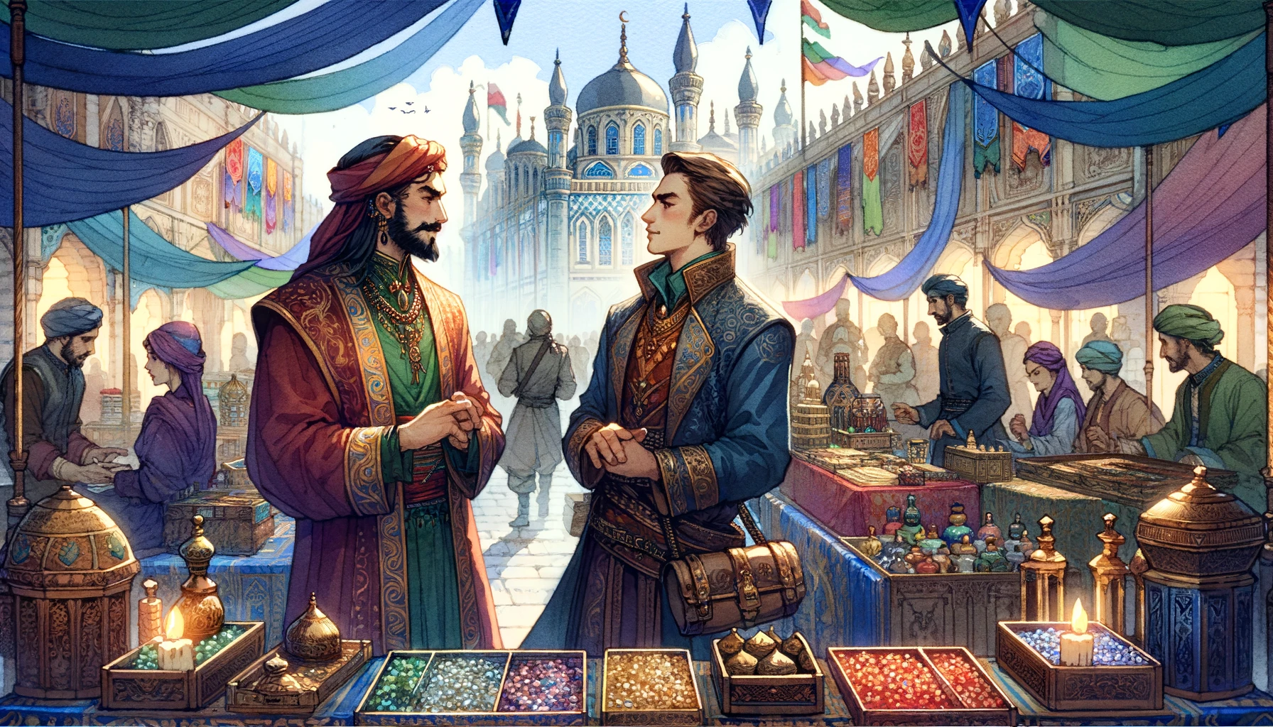 Marketplace Negotiation at the Royal City: A wide watercolor art style illustration of two characters negotiating in a bustling royal marketplace. One character, a merchant with colorful robes and exotic wares, is discussing terms with a noble adventurer, who has a determined look. The marketplace is filled with vibrant stalls, decorated with flags and banners, and a backdrop of grand architecture.