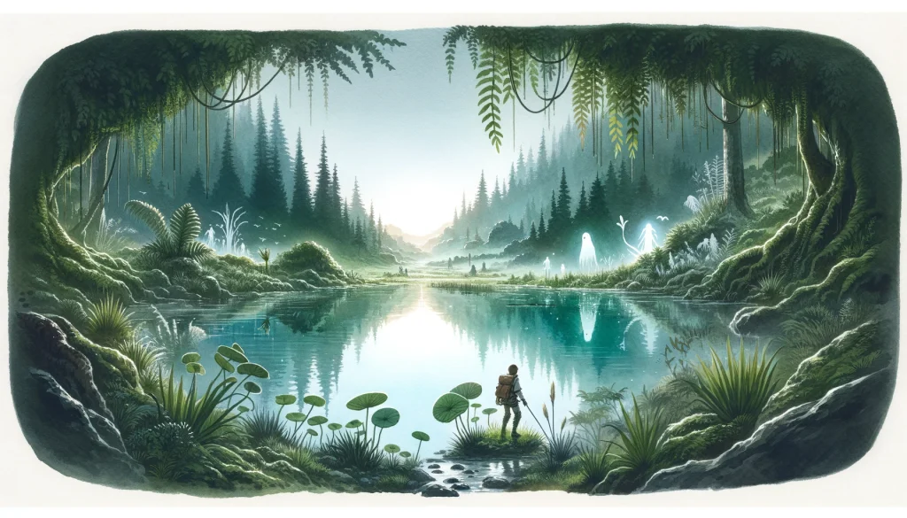     A wide watercolor art style illustration of a serene, mystical lake surrounded by lush greenery. A lone adventurer cautiously approaches the water's edge, where the reflection shows not only the landscape but also ghostly figures. The scene is tranquil yet eerie, with soft, glowing light emanating from the lake and strange plants growing along the shore.

