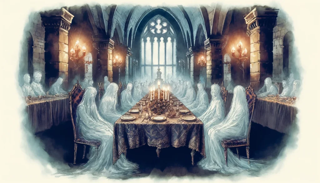 The ghostly banquet is both an opportunity and a peril, offering hints about the castle’s secrets.
