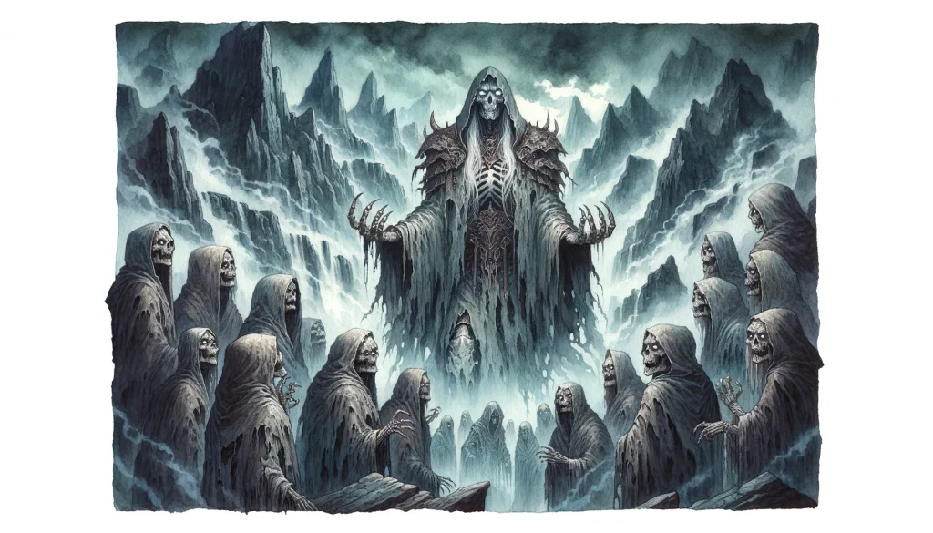  A dark, misty landscape with a towering wraith lord commanding a group of undead minions.