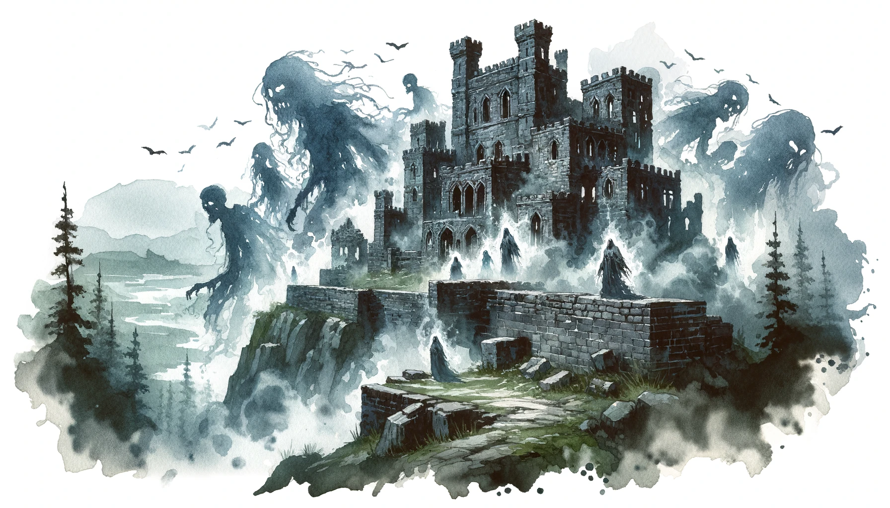 The ruins of an old keep on a hilltop, haunted by ghostly figures and surrounded by dense fog.