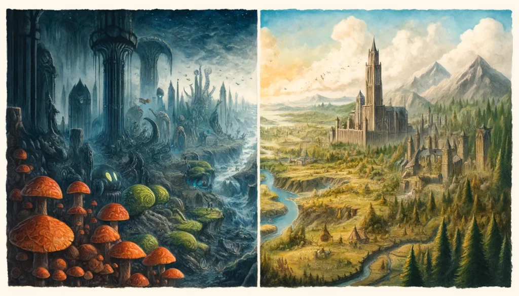  wide watercolor illustration for the article, depicting the distinct landscapes of Vvardenfell from "The Elder Scrolls III: Morrowind" and Cyrodiil from "The Elder Scrolls IV: Oblivion." The illustration highlights the unique atmospheres of each setting, seamlessly connected to showcase their beauty and contrast.