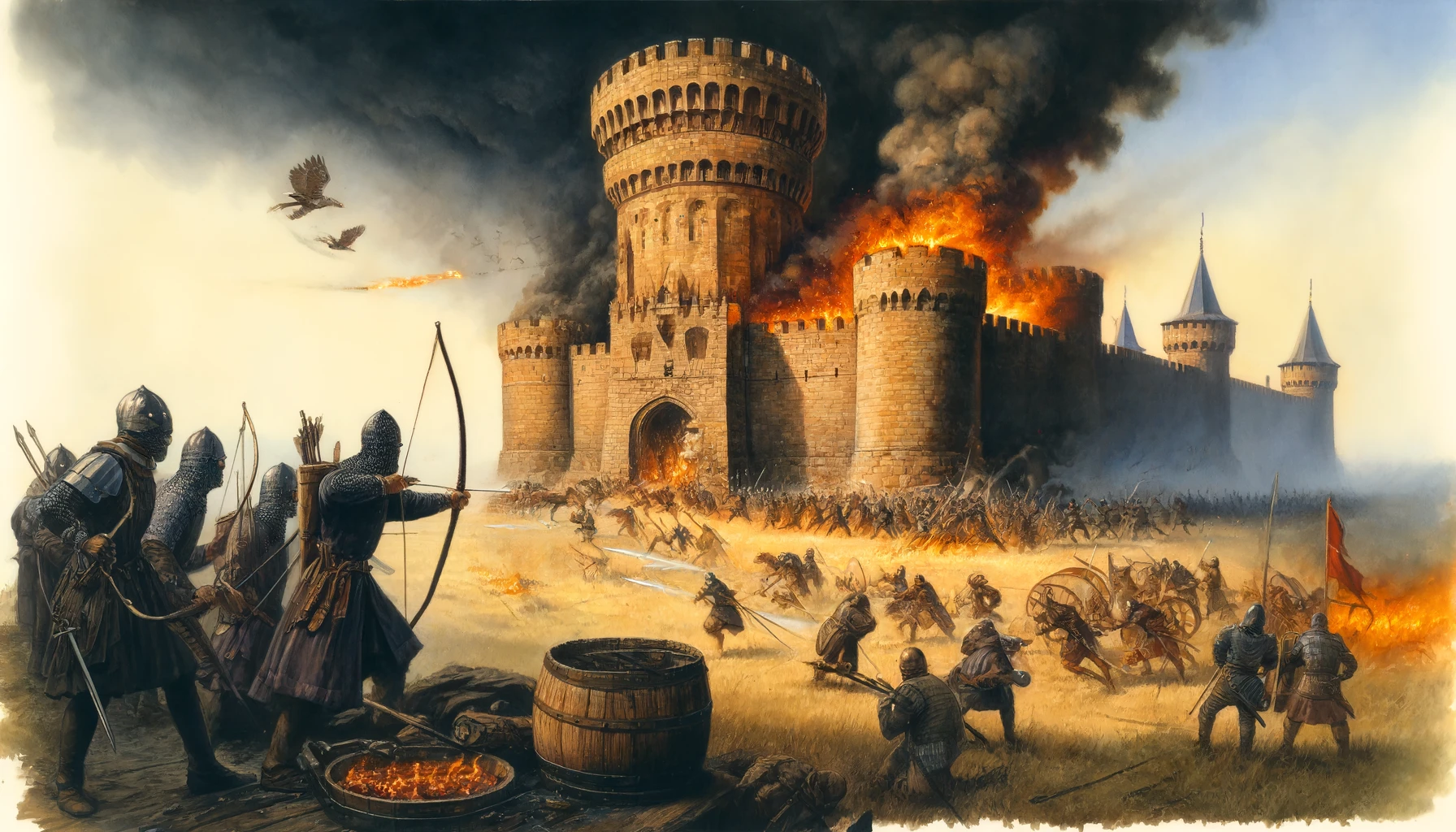 A massive siege tower approaches castle walls under heavy fire.
