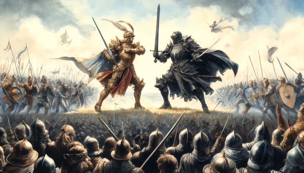 Two warriors in a heroic duel amidst a chaotic battlefield.
