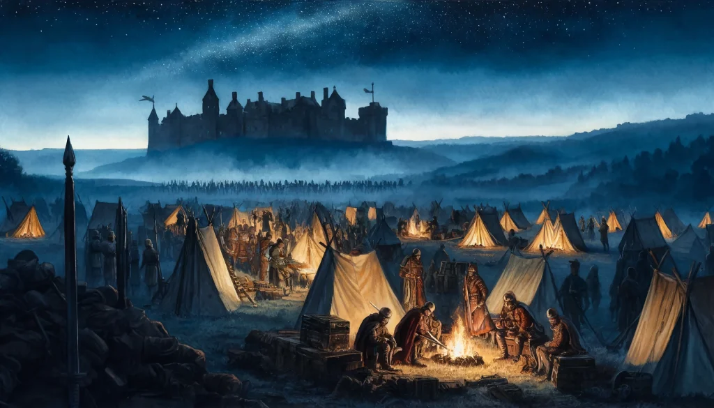  Soldiers tend to the wounded, sharpen weapons, and discuss strategy under a starry sky with a besieged castle in the background.