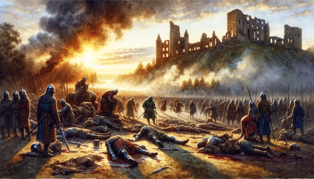  The aftermath of battle with soldiers gathering the fallen, smoke rising, and a ruined castle under a golden sunset.