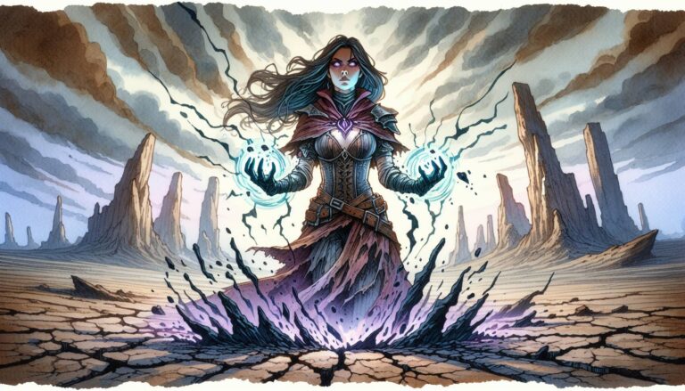 A powerful sorceress with glowing eyes and hands stands on cracked earth, summoning energy like a true Dungeons & Dragons mage. Dark clouds swirl above, and towering rock formations rise in the background, creating a dramatic and fantasy-filled scene.