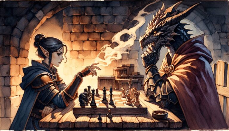In a stone-walled room aglow with warm light, an armored elf engages in a tense match of chess against a dragon-headed creature cloaked in mystery. This medieval fantasy setting resonates with the strategic allure of Dungeons & Dragons, as every move unfolds like a chapter from DND lore.