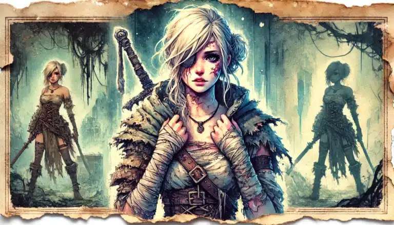 Fantasy illustration of a female warrior with white hair and a sword on her back, evoking the spirit of Dungeons & Dragons. Shes clad in rugged, tattered clothing and bandages. Two figures in similar attire stand in the misty, ancient forest, framed by a parchment-like border.