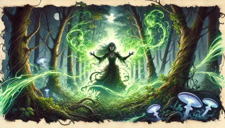 In a mystical scene reminiscent of a Dungeons & Dragons adventure, an enchanted forest reveals a figure with flowing hair, arms raised in spellbinding grace. Swirling green energy dances around them as luminous mushrooms thrive amid thick-rooted trees. Moonlight seeps through the canopy, adding an ethereal glow.