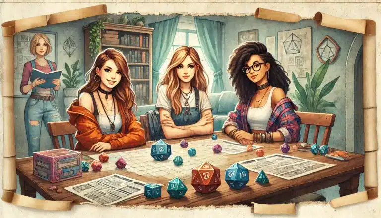 Three friends sit around a table immersed in a tabletop RPG, with colorful dice and character sheets scattered about. A fourth person stands nearby, engrossed in a Dungeons & Dragons guidebook. The room exudes coziness, adorned with plants and geometric decor on the walls.