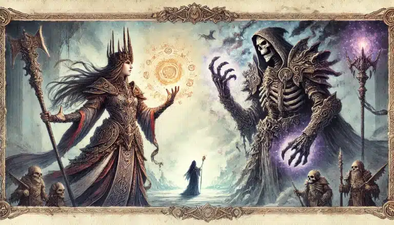 A fantasy artwork depicting a regal woman in intricate armor holding a glowing orb, reminiscent of a Dungeons & Dragons campaign, facing a menacing skeletal figure wielding dark magic. Both are surrounded by skeletons in a mystical landscape with mountains and a cloaked figure in the background.