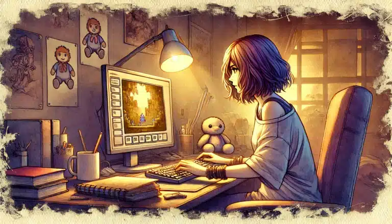 An anime-style artwork depicts a young woman with short hair absorbed in a tabletop RPG session on her desktop computer. Her room is softly lit, with a teddy bear on her desk and drawings of plush toys and Dungeons & Dragons dice on the wall.