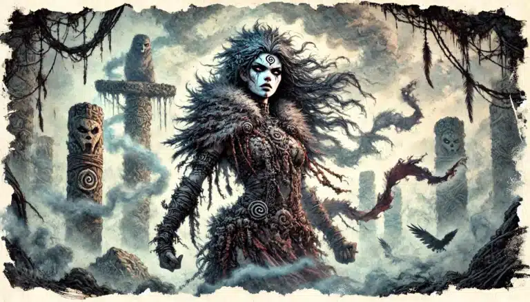 A mystical figure in intricate tribal attire and face paint stands amid swirling mist and ancient stone totems, reminiscent of a Dungeons & Dragons adventure. The scene is eerie and atmospheric, with ravens flying and a sense of mystery and power.