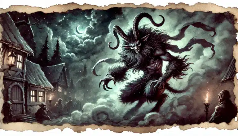 In a dark, snowy forest, a horned, mythical creature with a hairy body and long claws looms ominously. A crescent moon illuminates the clouds above, reminiscent of a fantasy tabletop RPG scene. Nearby, a small house with a lit window stands as the images edges appear worn and torn.