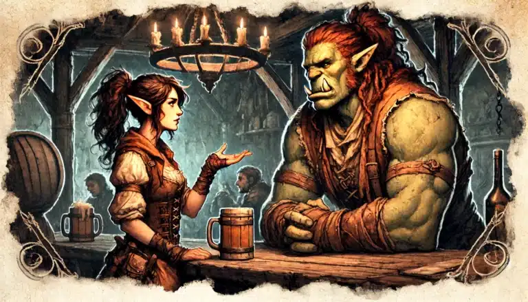 In a dimly lit tavern, a female elf with pointed ears and braided hair engages in deep conversation with a large green orc over rustic wooden table. The orc, mug at hand, listens intently. Its a scene straight out of a Dungeons & Dragons adventure, captured beneath the glow of a chandelier.