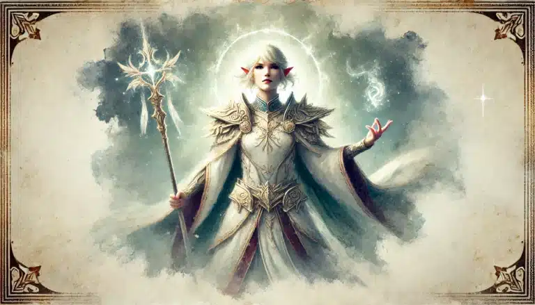 A mystical figure with elf-like ears and white hair stands in an ornate robe, holding a staff. They exude a celestial aura amidst magical symbols, reminiscent of a Dungeons & Dragons character, with a glowing circle behind them set against a cloudy, ethereal backdrop.