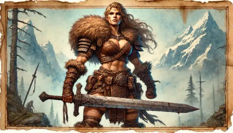 A powerful warrior in fur and armor holds a large sword in a mountainous landscape reminiscent of a Pathfinder RPG adventure. She has long flowing hair, and snow-capped peaks rise in the background. The scene is depicted on an aged parchment.