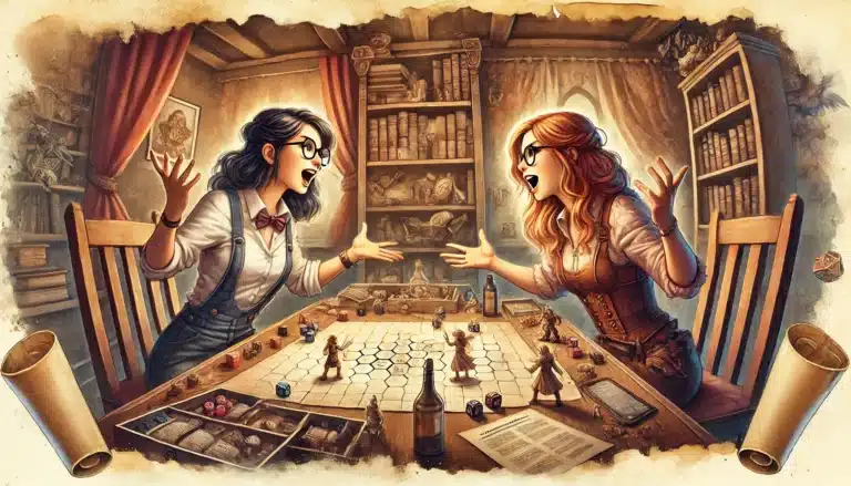 Two animated women, wearing glasses, expressively discuss their latest DND adventure over a tabletop role-playing game in a cozy, book-lined room. Miniature figures and dice are scattered on a hexagonal board. Warm lighting highlights their lively conversation.