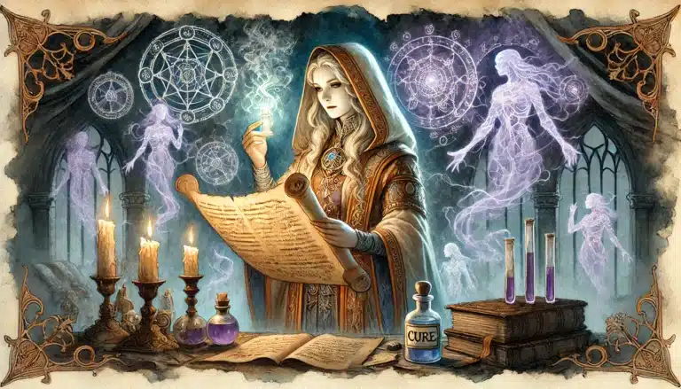 A mystical scene unfolds with a hooded figure engrossed in a scroll amidst floating spirits and glowing symbols. Candles, potion bottles, and a Cure jar rest on the table, deepening the enchanting atmosphere of this Dungeons & Dragons-inspired arcane setting.