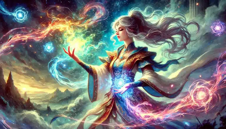 A fantasy artwork of a woman with flowing hair in a mystical robe, conjuring magical orbs with her hands. Swirling colors and cosmic elements surround her, creating an ethereal atmosphere reminiscent of a tabletop RPG world against a backdrop of mountains and a starry sky.
