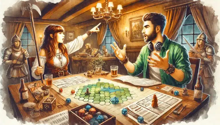A man and woman are engrossed in a lively chat while playing a Pathfinder RPG. The table overflows with dice, character sheets, and a map. Knights in armor linger in the backdrop, enhancing the medieval gaming ambiance of their epic ttrpg adventure.
