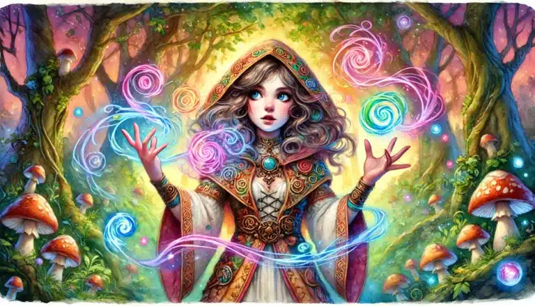 A mystical woman with a cloak and glowing gems floats in an enchanted forest, reminiscent of a scene from Dungeons & Dragons. She conjures swirling magical orbs around her hands. The vivid setting is alive with mushrooms, lush greenery, and bright, ethereal light.