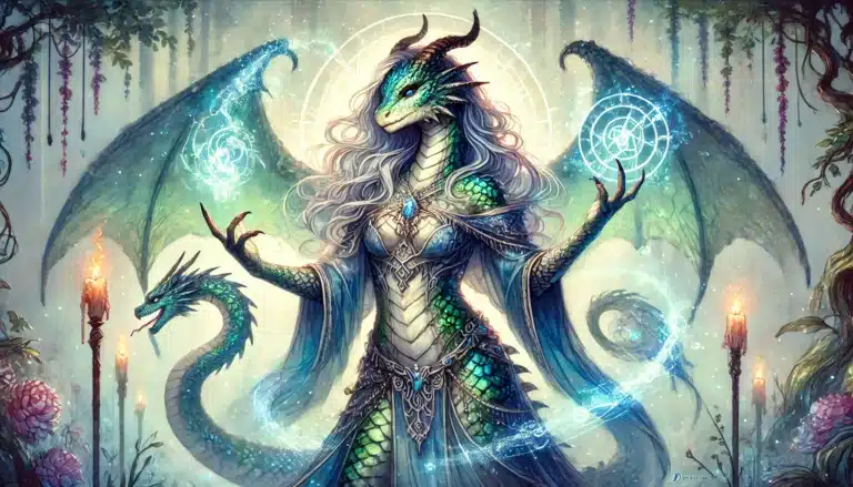 In a mystical scene reminiscent of a Dungeons & Dragons adventure, a dragon humanoid figure with a green-scaled face and flowing hair holds glowing blue magic orbs. She stands in an enchanted forest, with a small dragon by her side and luminous symbols dancing around her.