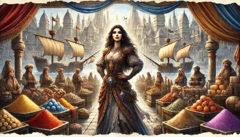 In a bustling marketplace by the sea, a woman in ornate medieval clothing stands confidently, reminiscent of a Pathfinder RPG character. Vendors display colorful spices and fruits while ships with sails dock in the background and medieval buildings rise in the distance.