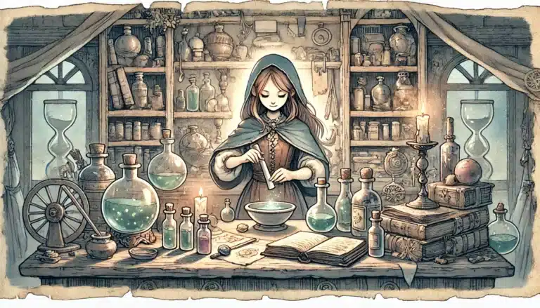 An illustrated scene captures a woman in a cloak mixing a potion in a mystical laboratory, perfect for any fantasy enthusiast or TTRPG adventurer. Her space is filled with glass bottles and jars; books and candles adorn her table, conjuring the spirit of Pathfinder RPGs magical realms.
